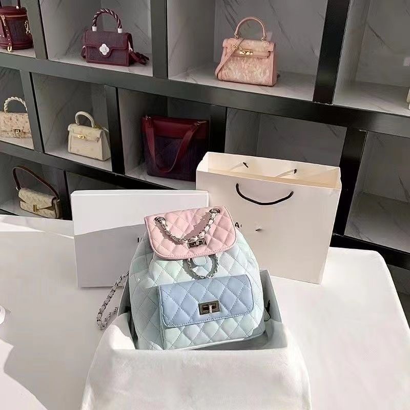 Diamond Grid Contrasting Chain Flap Backpack with Waterproof Synthetic Leather - Teleplus diamond grid contrasting