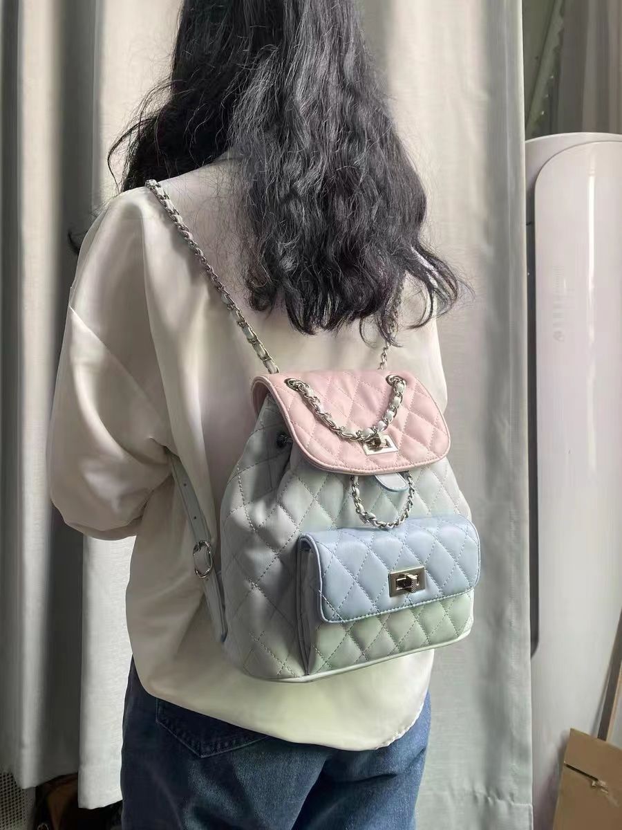 Diamond Grid Contrasting Chain Flap Backpack with Waterproof Synthetic Leather - Teleplus diamond grid contrasting