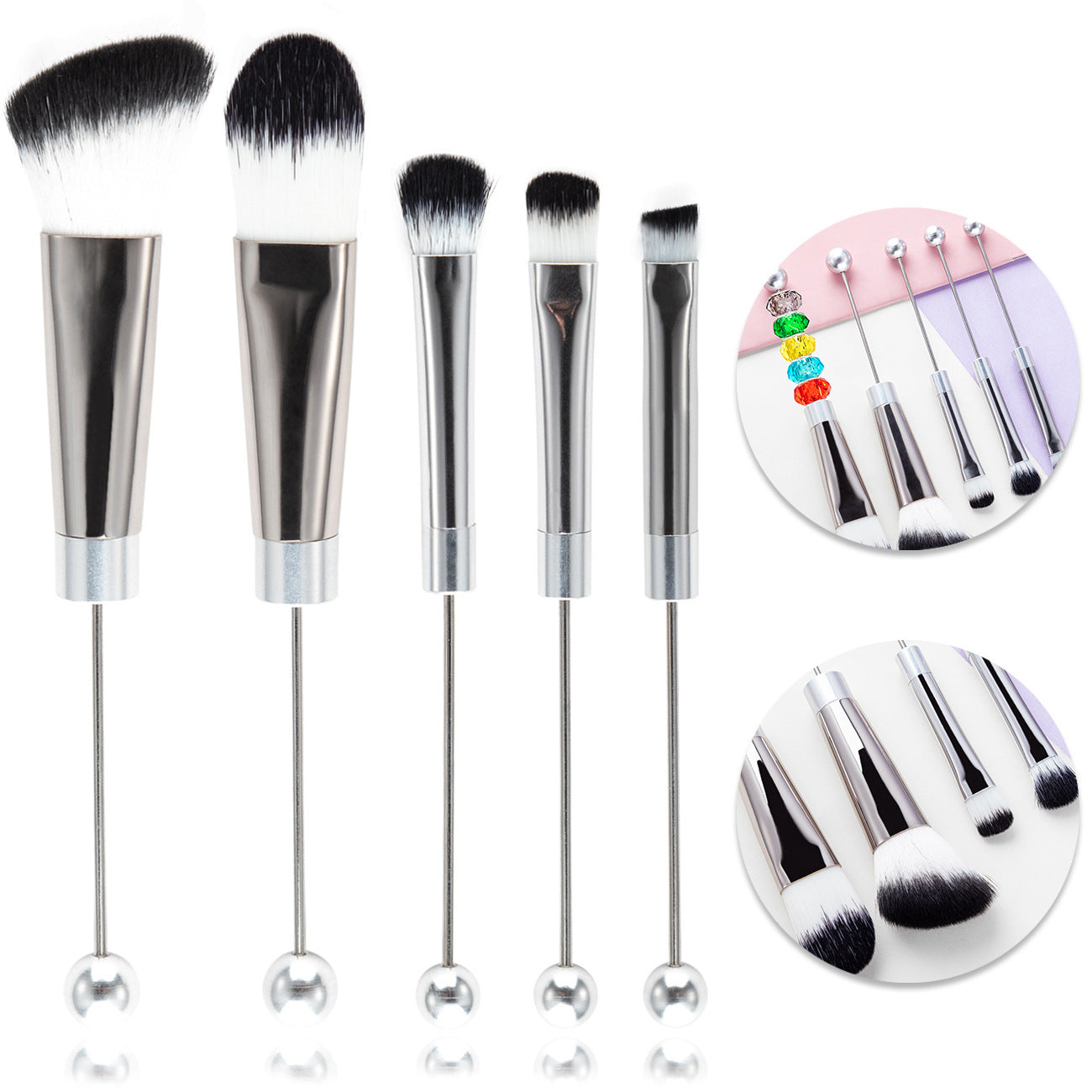 DIY Metal Handle Beaded Makeup Brush Set with Fiber Bristles - Diy diy metal handle beaded makeup brush