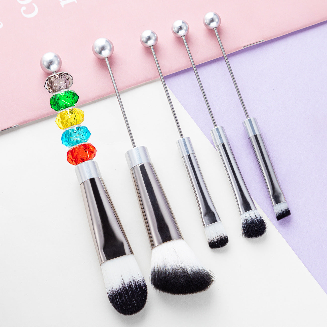 DIY Metal Handle Beaded Makeup Brush Set with Fiber Bristles - Diy diy metal handle beaded makeup brush