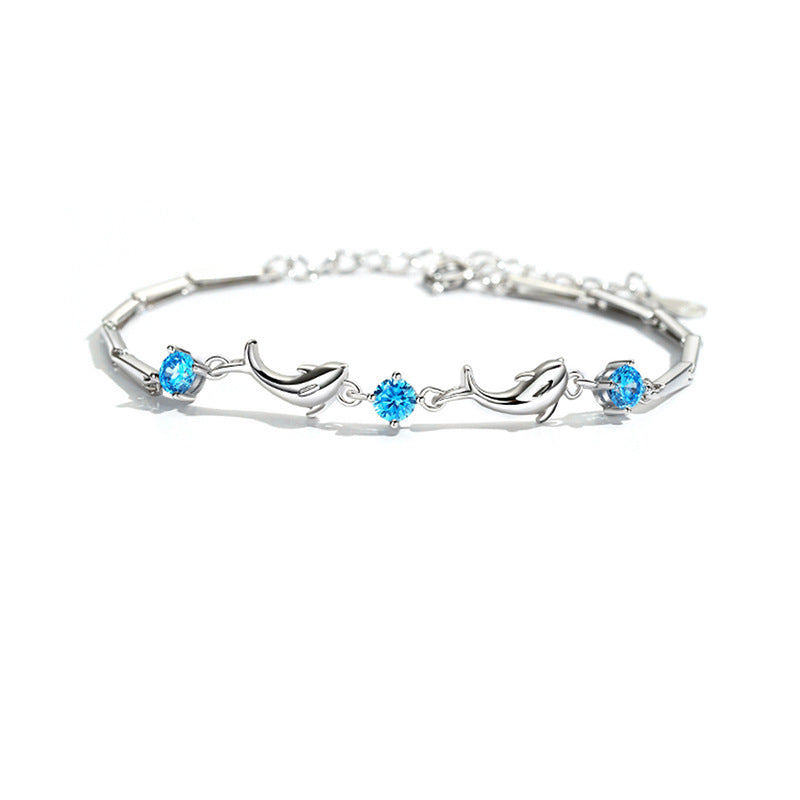 Dolphin Bracelet Female S925 Sterling Silver - Dolphin Bracelet Female S925 Silver with Blue Zircon