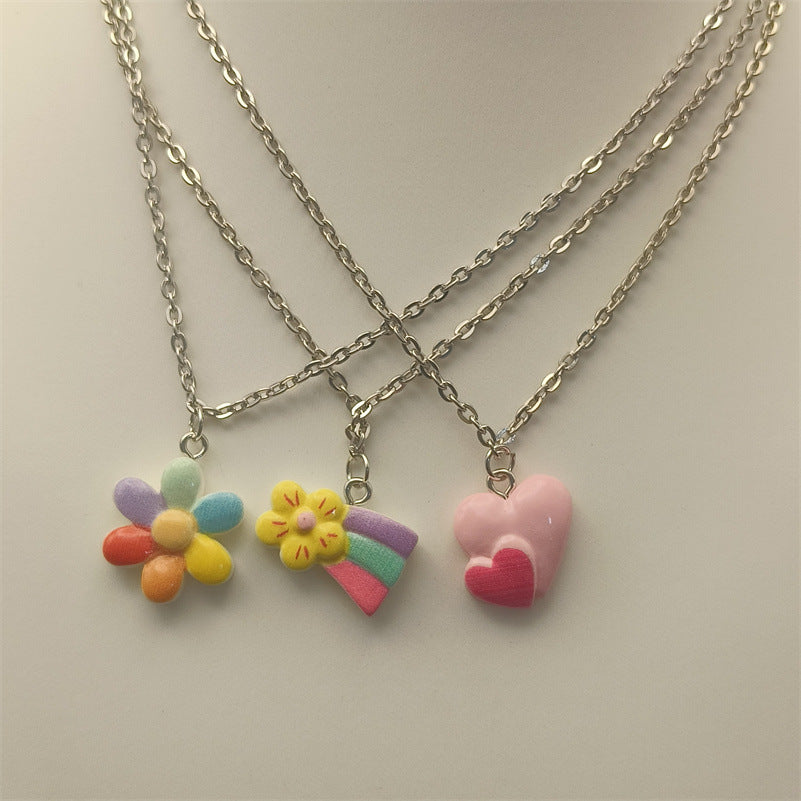 Dopamine Color Cute Sweet Loving Heart Flowers Rainbow Pendant Necklace Simple Cross Chain - Dopamine Color Heart