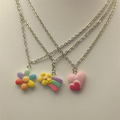 Dopamine Color Cute Sweet Loving Heart Flowers Rainbow Pendant Necklace Simple Cross Chain - Dopamine Color Heart