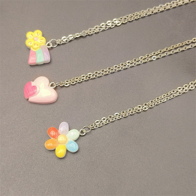 Dopamine Color Cute Sweet Loving Heart Flowers Rainbow Pendant Necklace Simple Cross Chain - Dopamine Color Heart