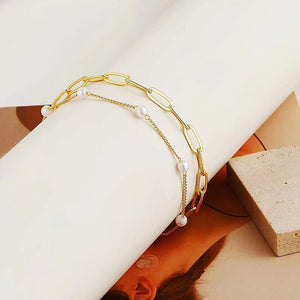 Double Layer Pearl Bracelet Fashion Silver Gold Electroplating for Women - Simple Design double layer pearl bracelet