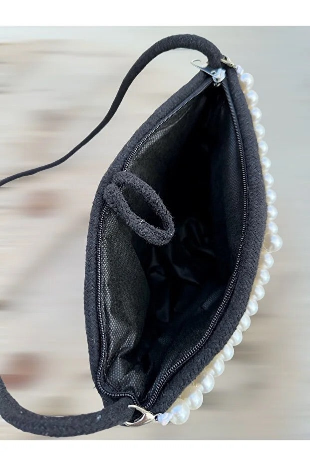 Women black pearl design classic shoulder bag elegant daily handbag