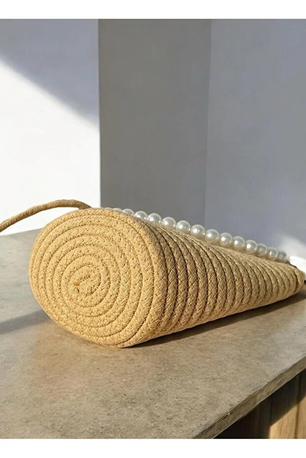 Women latte brown pearl design shoulder bag elegant daily handbag