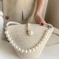 Women off white shoulder bag with pearl design elegant baguette handbag