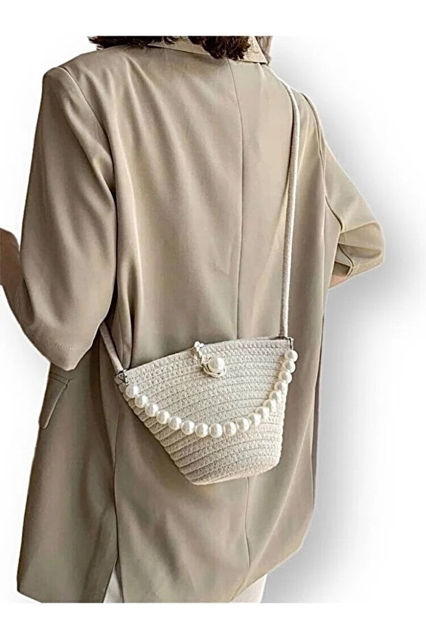 Women off white shoulder bag with pearl design elegant baguette handbag