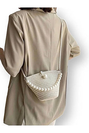 Women off white shoulder bag with pearl design elegant baguette handbag