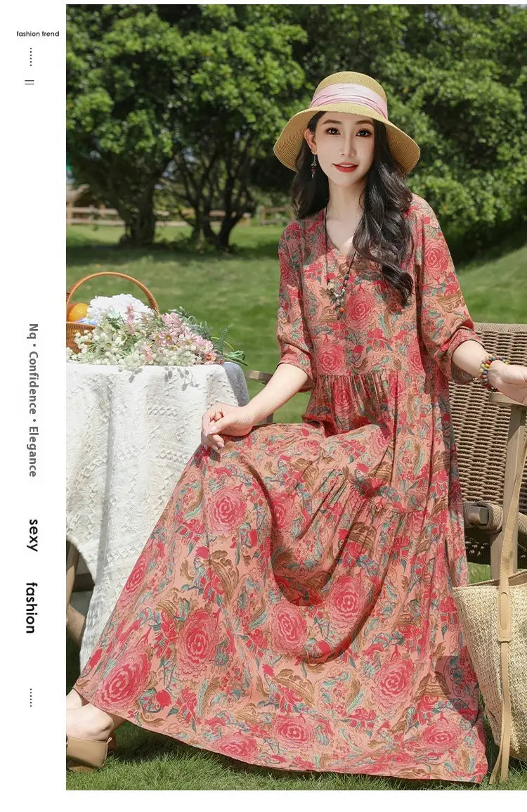 Plus-kokoinen Retro Art A-Line MIDI -hame Viscoosi Lyhythihainen mekko Naiset