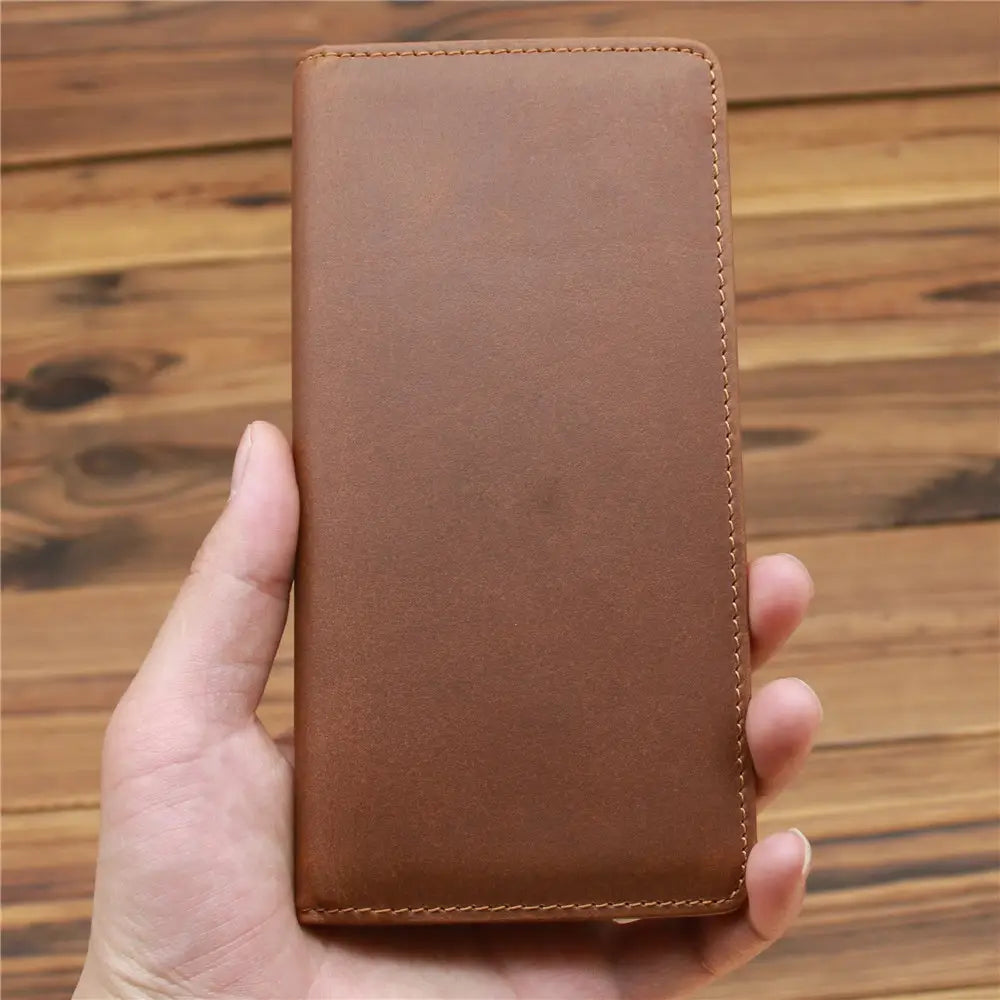 European Retro Leather Long Wallet for Men in Dark and Reddish Brown