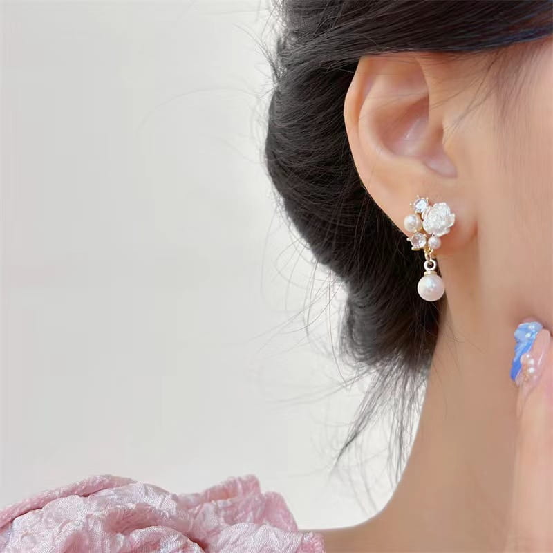 Camellia Pearl Zircon Small Eardrops Earrings Fashion