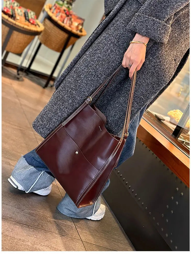Genuine Leather Cowhide Tote Bag Square Handbag with Zipper Pocket for Women