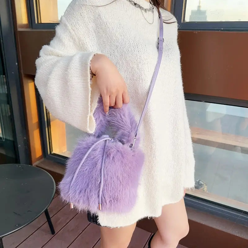 Furry Crossbody Bag Portable Bucket Suitcase with Soft Plush Material