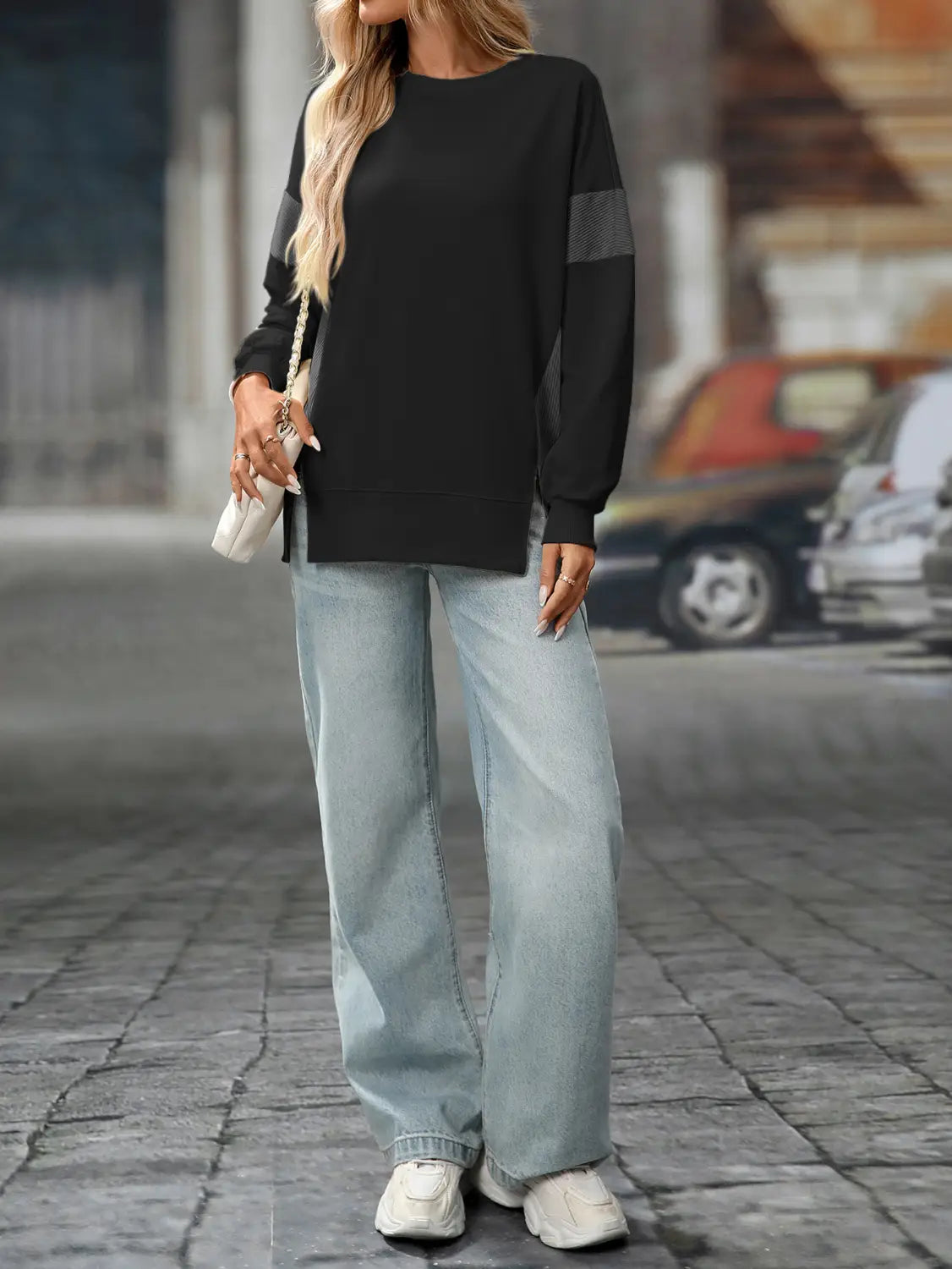 Moda de rua do suéter de pulôver colorida contraste do pescoço redondo para mulheres