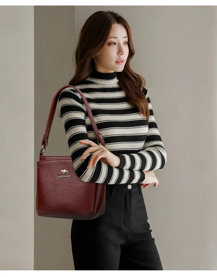 Rucsac cu valiză cu găleată din piele moale cu buzunar telefonic mai multe culori