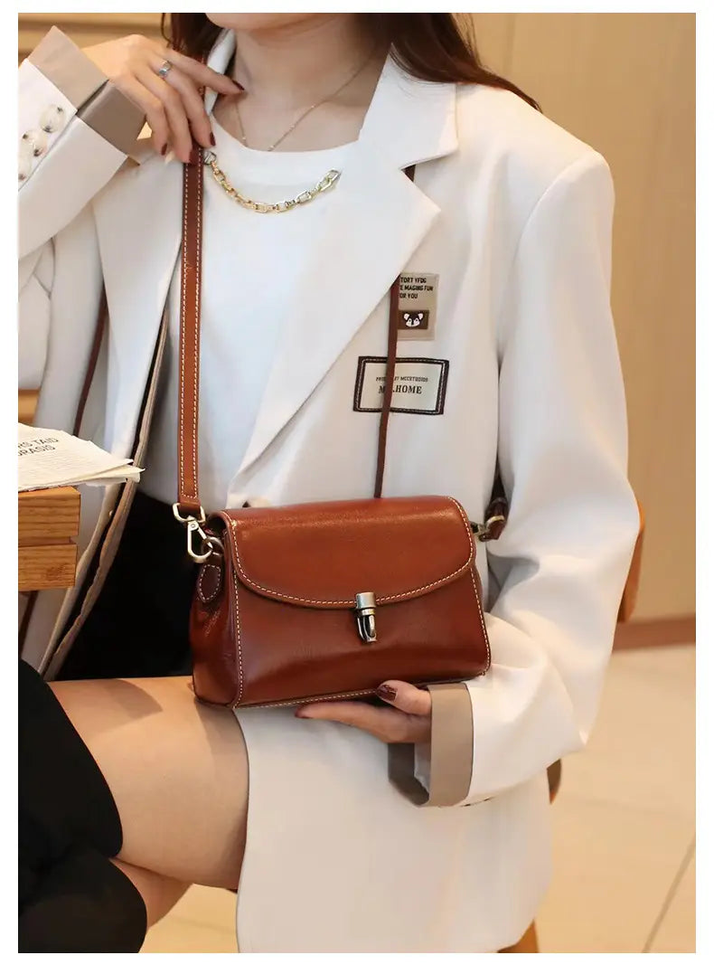 Exquisite Cowhide Small Square Bag with Internal Zipper in Stylish Simple Design
