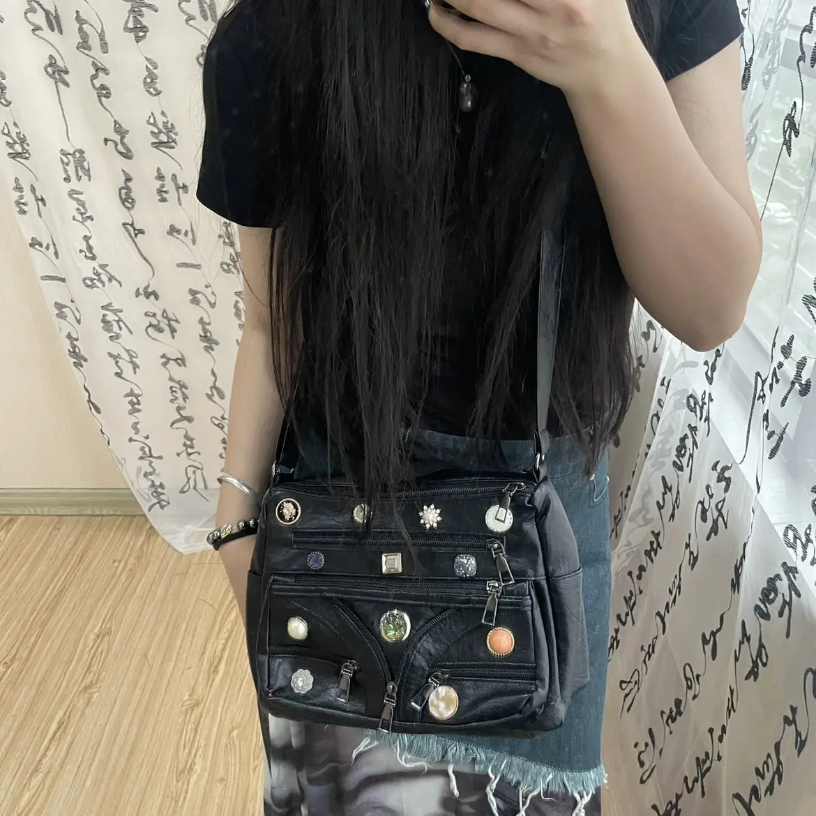 Washed Shoulder Messenger Bag with Vintage Button and Soft PU Lining