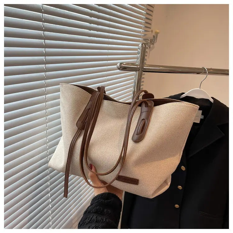 Canvas Shoulder Bag Large Oxford Tote Black Brown Double Strap for Travel Work