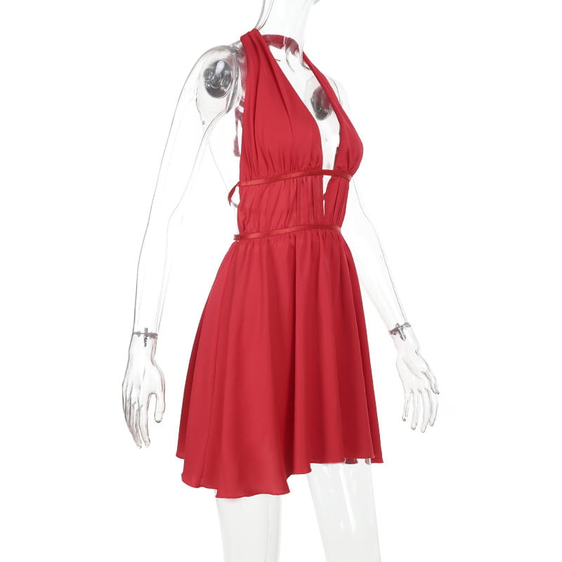 Falda corta sin espalda de cintura alta roja con tirantes poliéster s m l