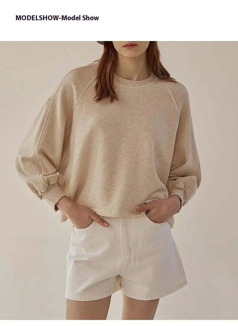 Pullover de manga de algodão solta para mulheres de primeira linha casual