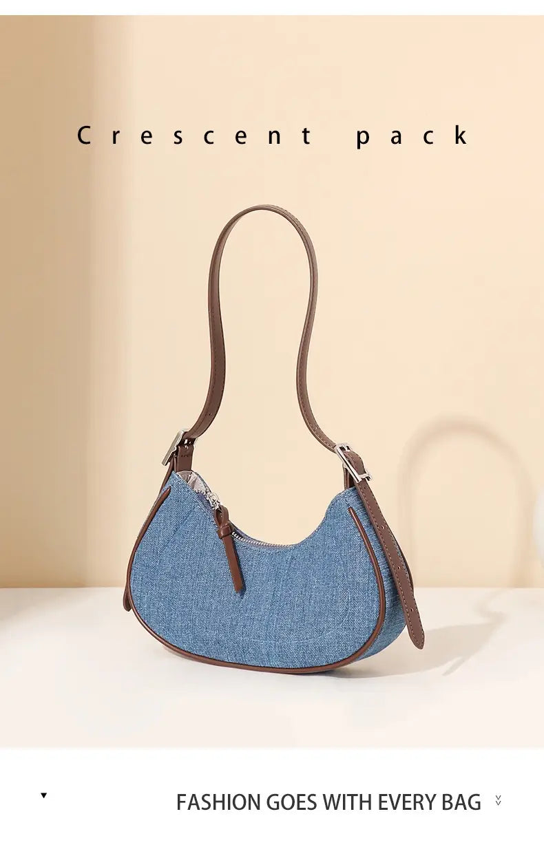 Denim Blue Oxford Cloth Shoulder Bag Medium Dumpling Tote Travel Handbag