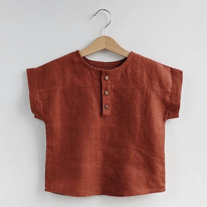 24 Summer New Children’s Loose Linen Cotton Short-sleeved T-shirt Mori Style Front Button Thin Style Top Shirt Baby