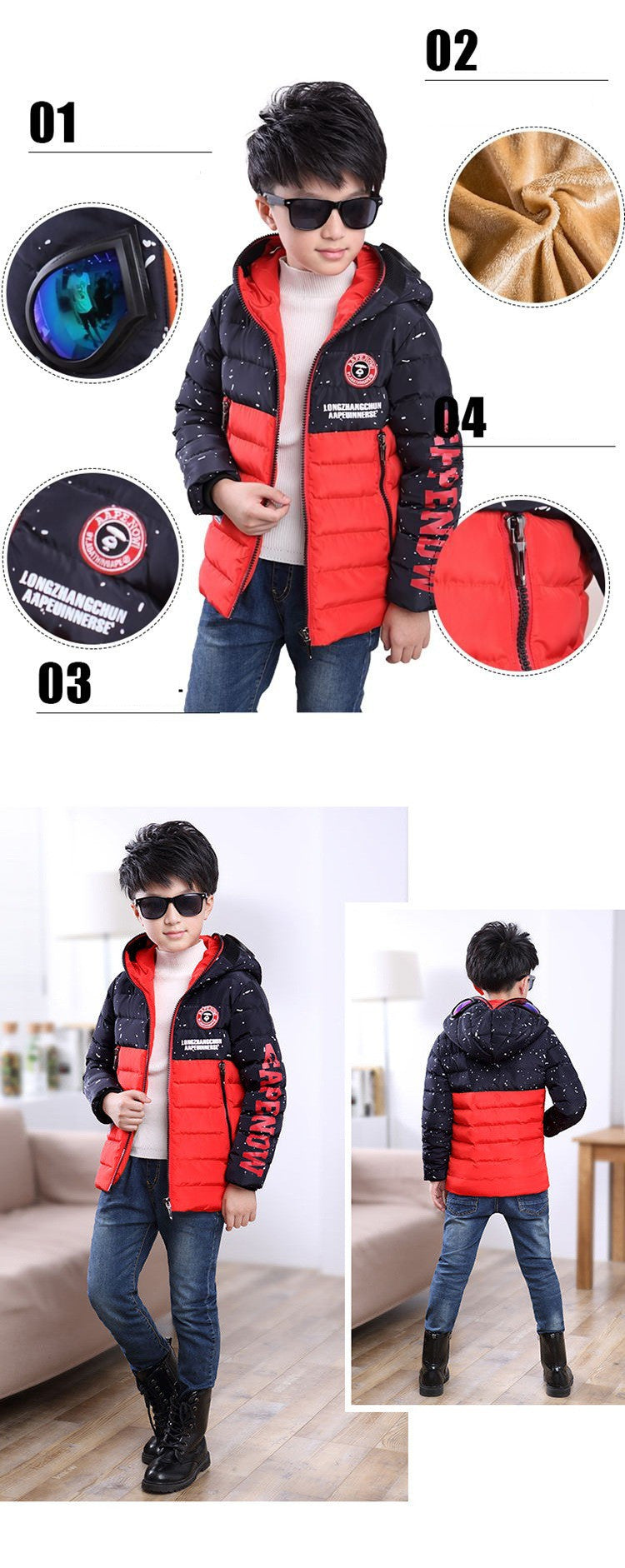 Fashion Boy’s Glasses Hooded Warm Cotton Coat