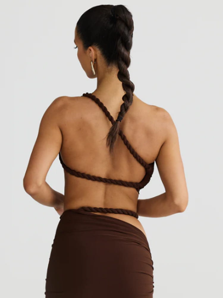 Long Skirt Two Piece Set Oblique Shoulder Spandex in Milky White Brown Blue