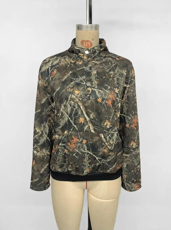 Army Green Floral Print Long Sleeve Shirt for Women Polyester Casual Top