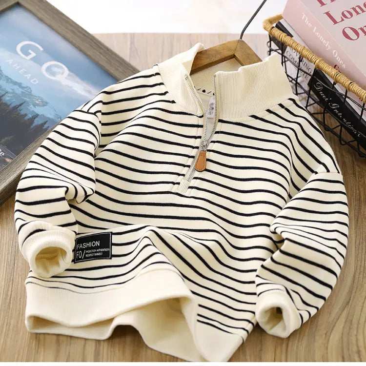 Beige Striped Zip Sweater for Men and Women with Polo Collar Fashion