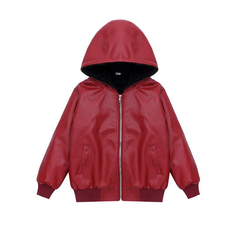 PU Leather Jacket Children’s Wear Hooded Padded Coat