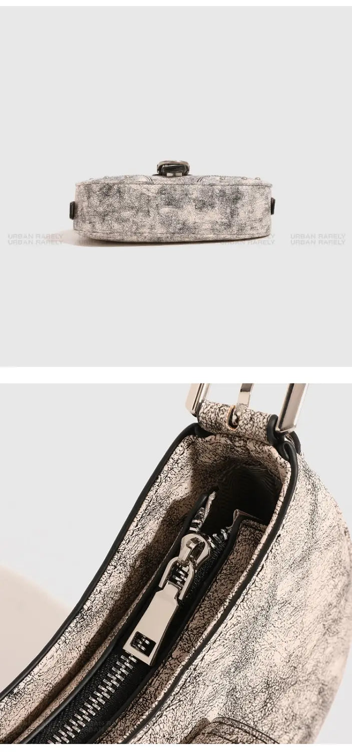 Oil Wax Leather Bag with Rivets Flap Shoulder and Sandwich Pocket