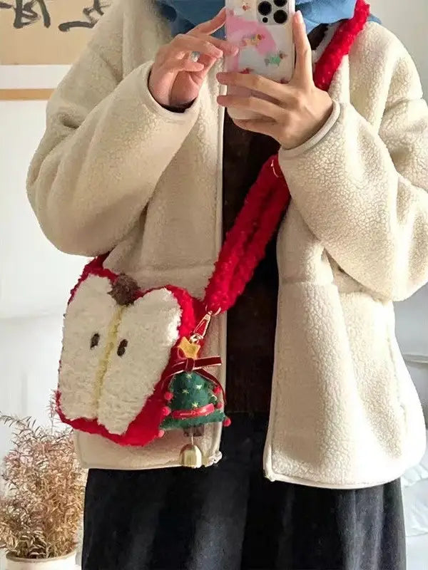 Christmas Plush Crossbody Bag with Heart Shape and Contrast Stitching