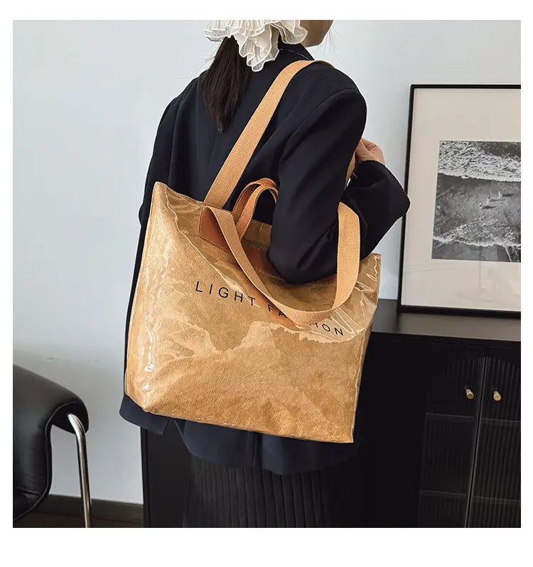 Kraft Paper Shoulder Bag Medium Square Tote in Neutral and Green Colors