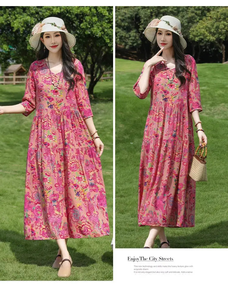 Plus-kokoinen Retro Art A-Line MIDI -hame Viscoosi Lyhythihainen mekko Naiset