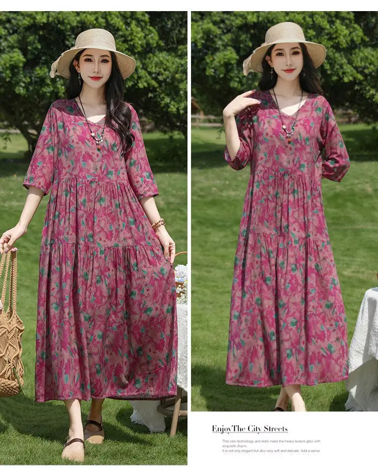 Plus-kokoinen Retro Art A-Line MIDI -hame Viscoosi Lyhythihainen mekko Naiset