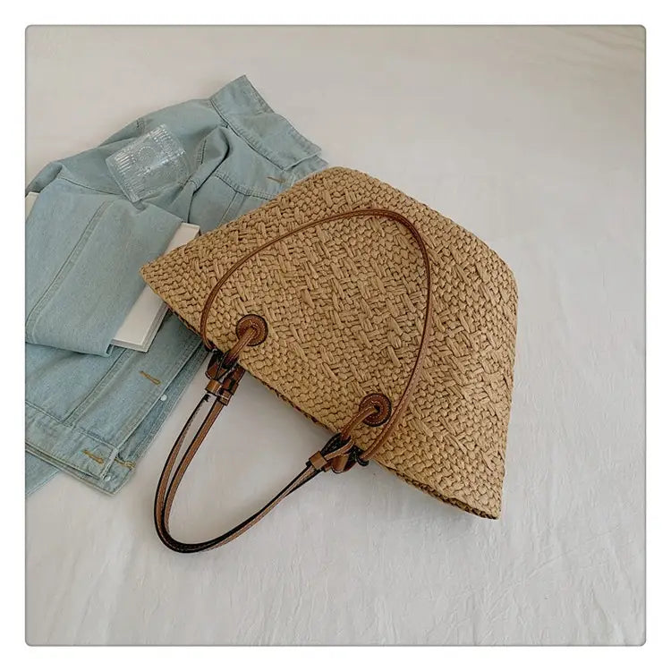 Woven Seaside Beach Bag with Open Pocket and Portable Straw Design