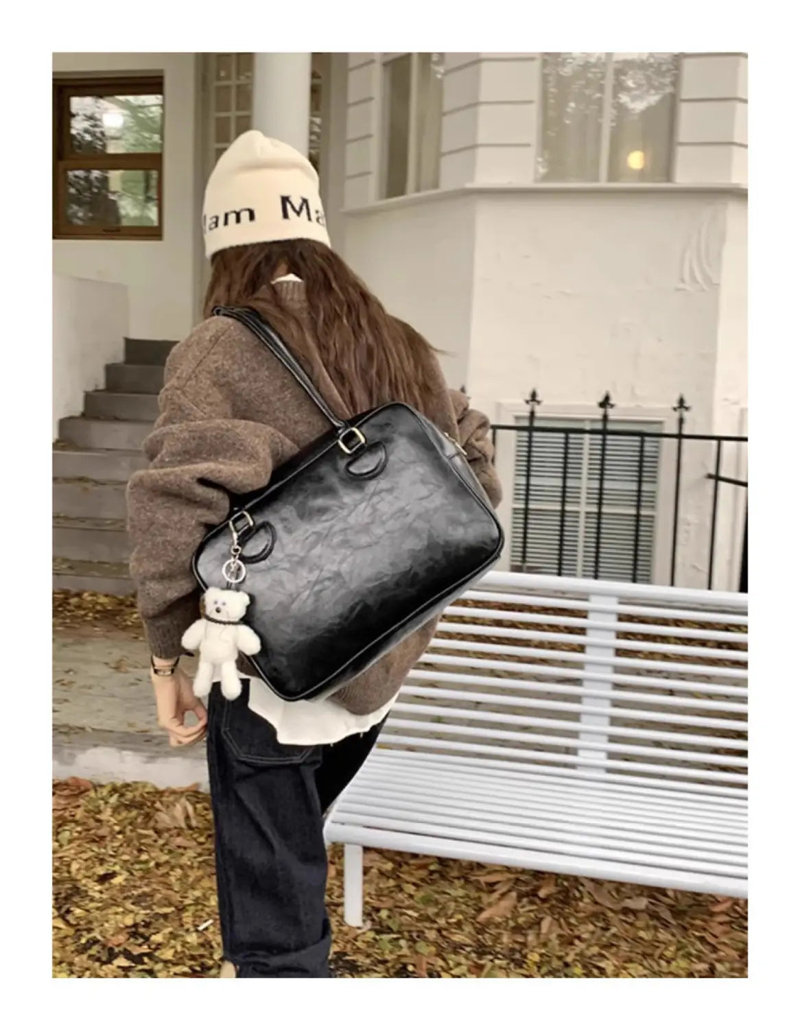 Varine de cuir PU moyen Brown Black épaule de voyage Sac polyester