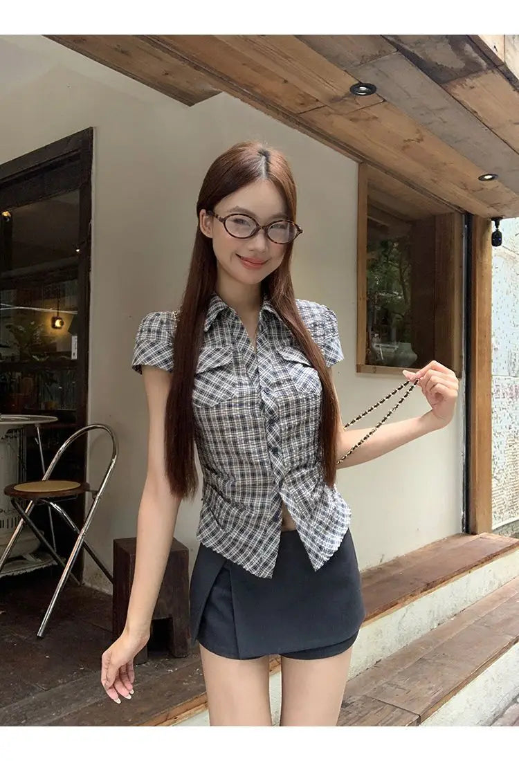 Plaid Cotton Short Sleeve Shirt for Women Men Loose Fit Spring Summer