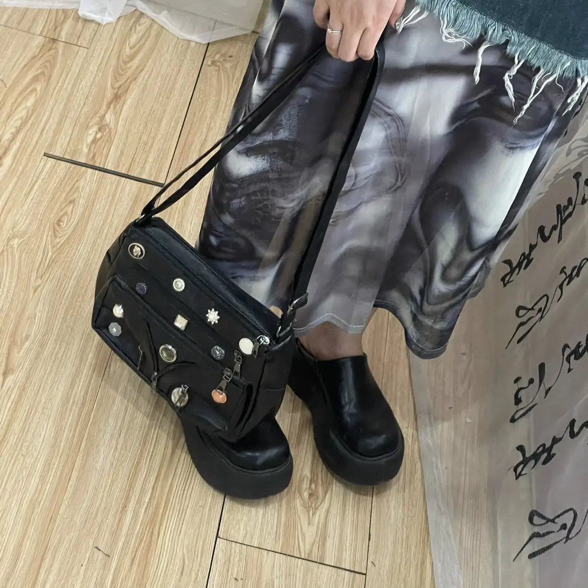 Washed Shoulder Messenger Bag with Vintage Button and Soft PU Lining