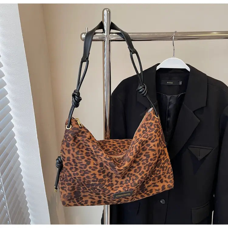 Retro Frosted Leather Maillard Crossbody Bag with Leopard Print and Varied Colors