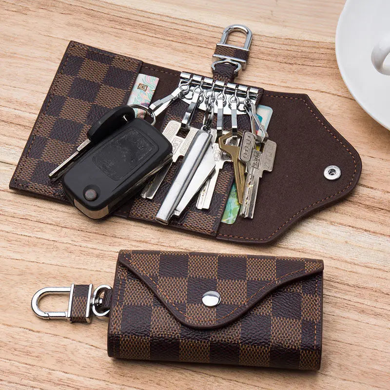 PU Leather Key Cover Gray Beige Grid Style for United States and CHF