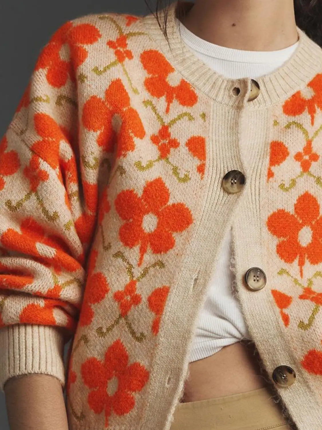 Floral Apricot Jacquard Cardigan Womens Viscose Knit Street Fashion Sweater