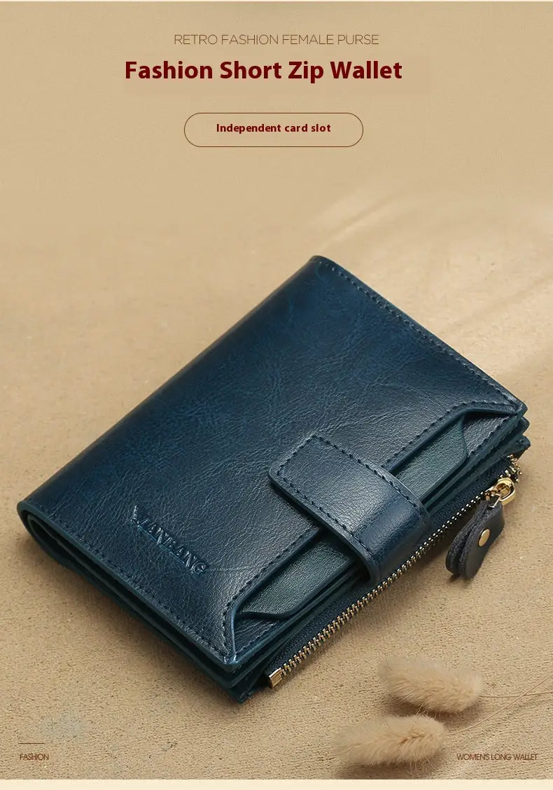 Sparán na mBan leathair gorm le sliotán cárta frith-ghoid agus líneáil poileistir