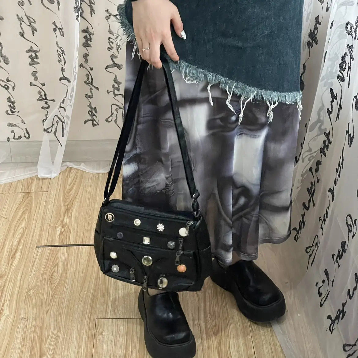 Washed Shoulder Messenger Bag with Vintage Button and Soft PU Lining