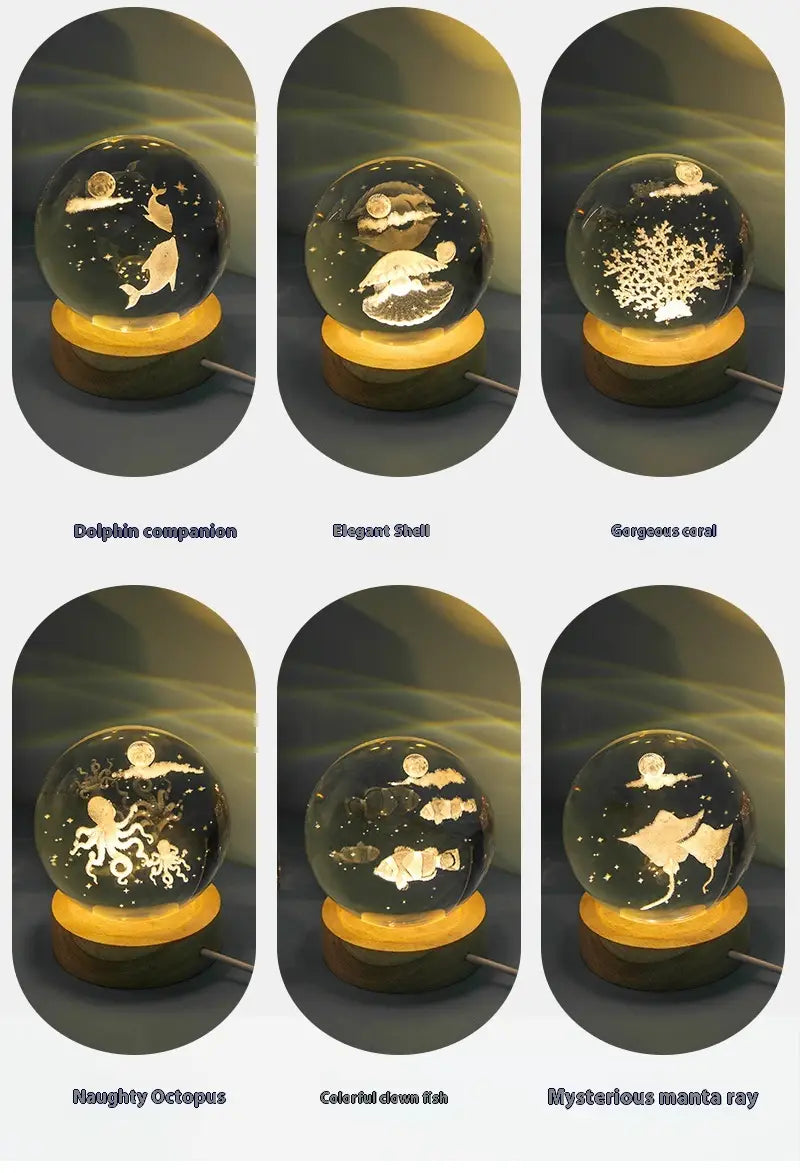 Luminous 3D Ocean Crystal Ball with Carved Jellyfish Decorative Sphere