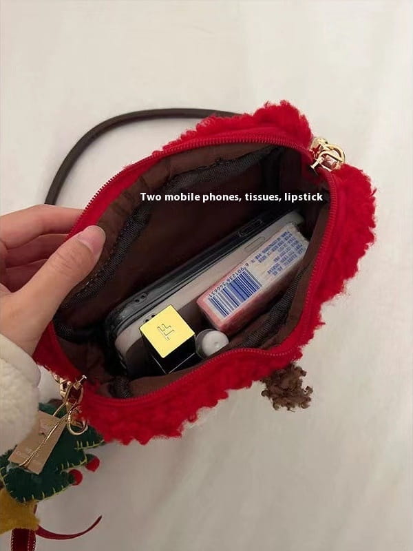 Christmas Plush Crossbody Bag with Heart Shape and Contrast Stitching