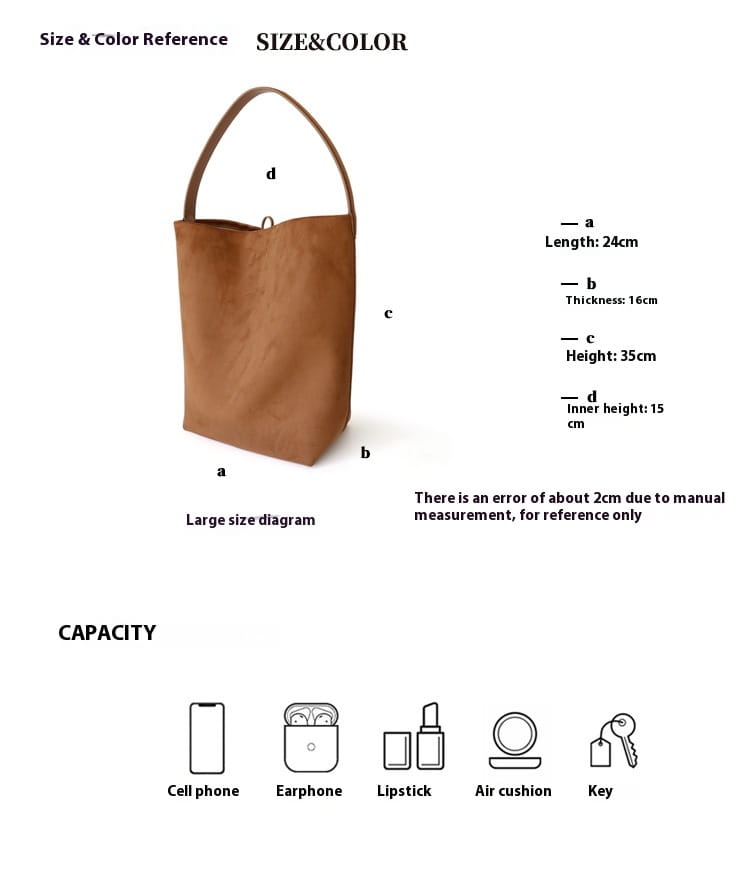 Large Capacity Suede Cowhide Bucket Bag in Genuine Leather for Daily